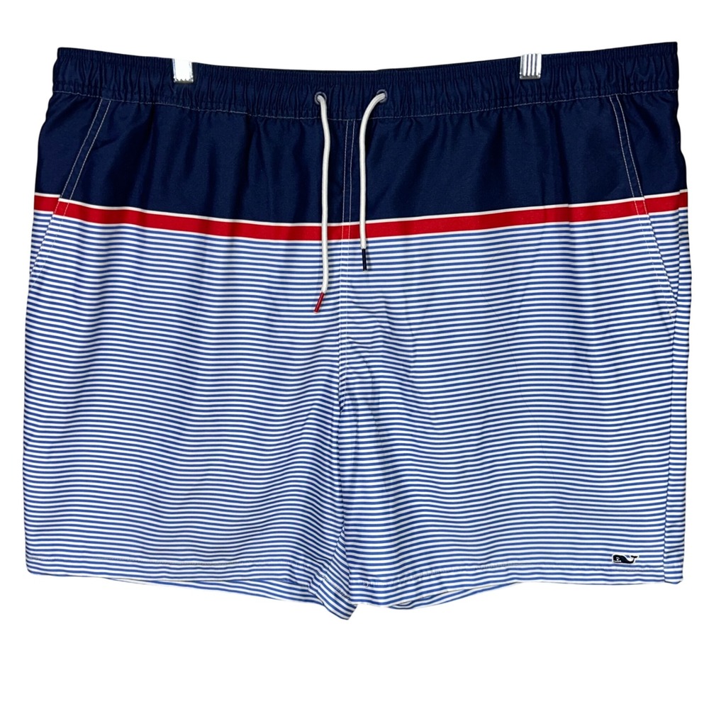 Vineyard Vines Navy, White & Red Striped Swim Trunks